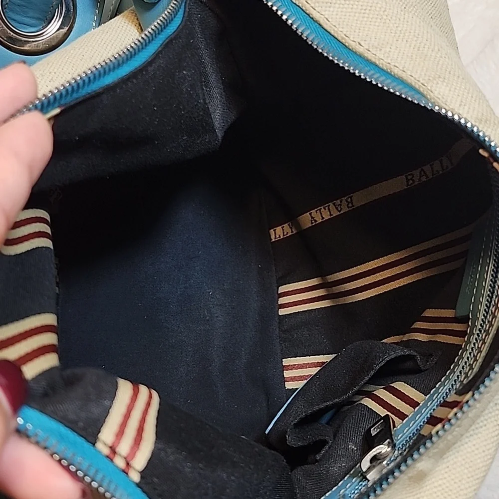 Bally Blue and Cream Canvas/ Leather Hobo Shoulder Bag